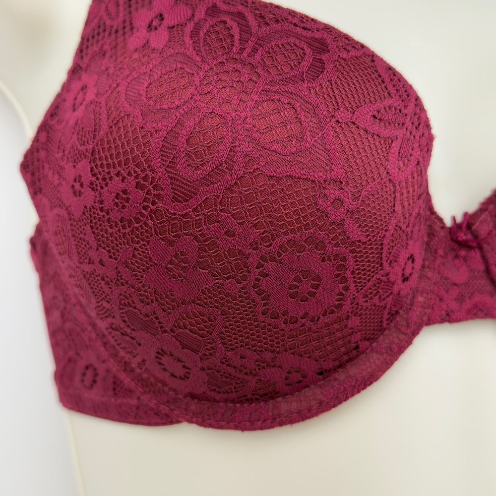 No Boundaries Push Up Bra 38B Burgundy Lace Padded Underwire Leopard Straps - Picture 2 of 8